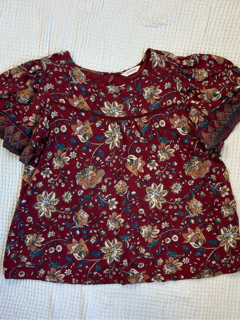 Lucky Brand Burgundy Floral Short-Sleeve Top
